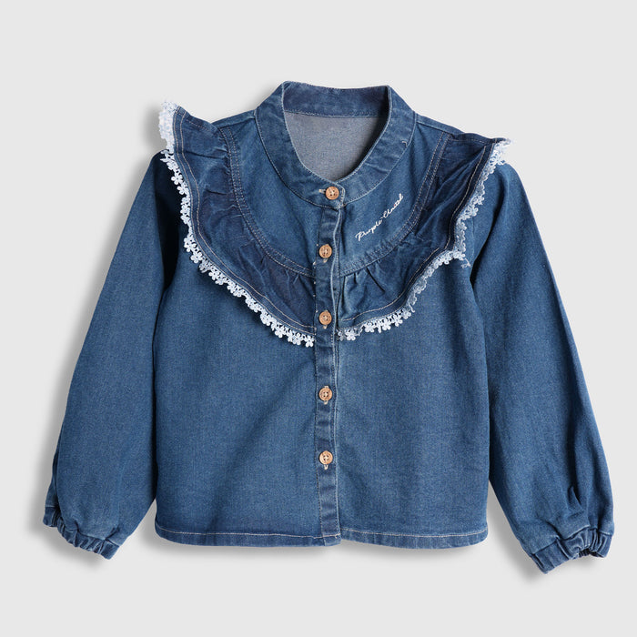 Kids Girls Denim Coord Set in Mid Blue with Ruffle Lace Detail Cotton Fit