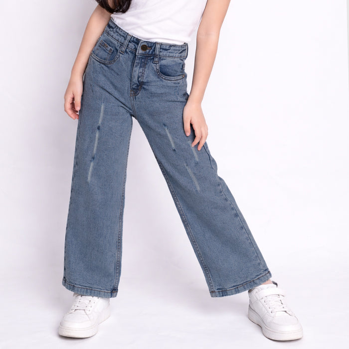 Kids Girls Denim Dark Blue High Waist Wide Leg Jeans with Soft Feel & Easy Comfort