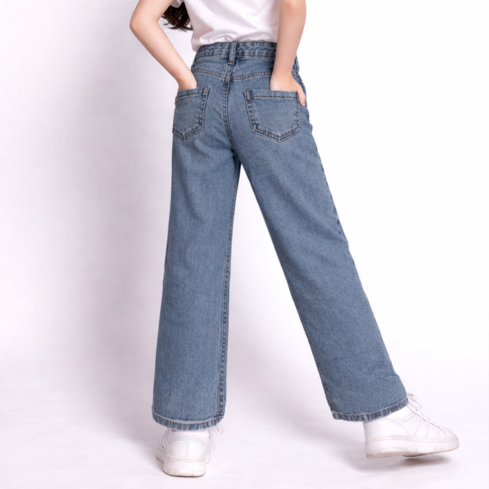 Kids Girls Denim Dark Blue High Waist Wide Leg Jeans with Soft Feel & Easy Comfort