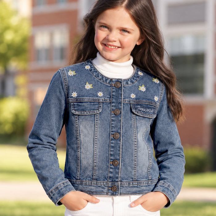 Kids Girls Denim Jacket in Light Blue with Regular Fit, Floral Embroidery & Comfort Fabric