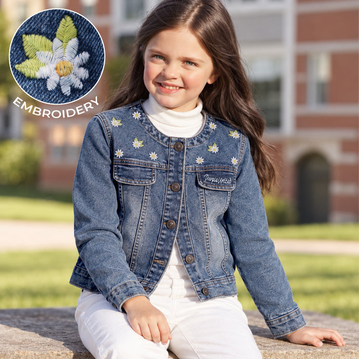 Kids Girls Denim Jacket in Light Blue with Regular Fit, Floral Embroidery & Comfort Fabric