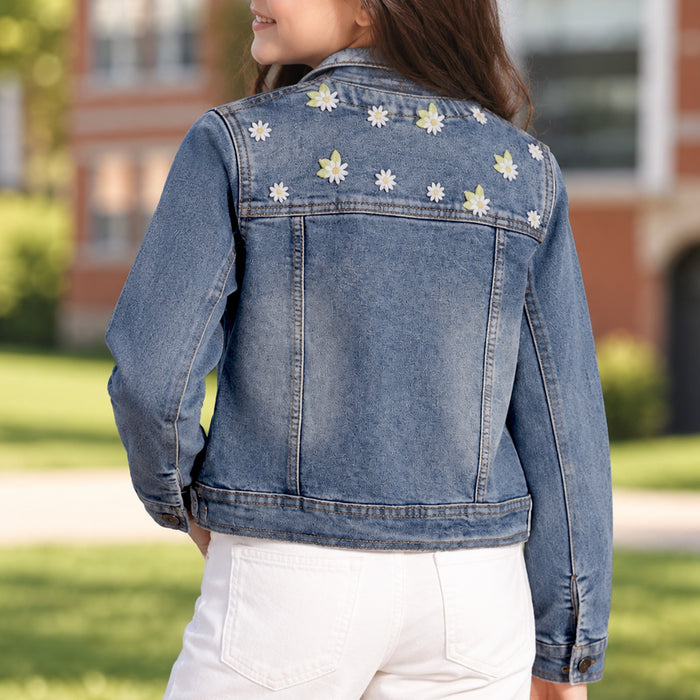 Kids Girls Denim Jacket in Light Blue with Regular Fit, Floral Embroidery & Comfort Fabric