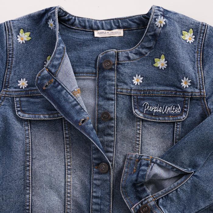 Kids Girls Denim Jacket in Light Blue with Regular Fit, Floral Embroidery & Comfort Fabric