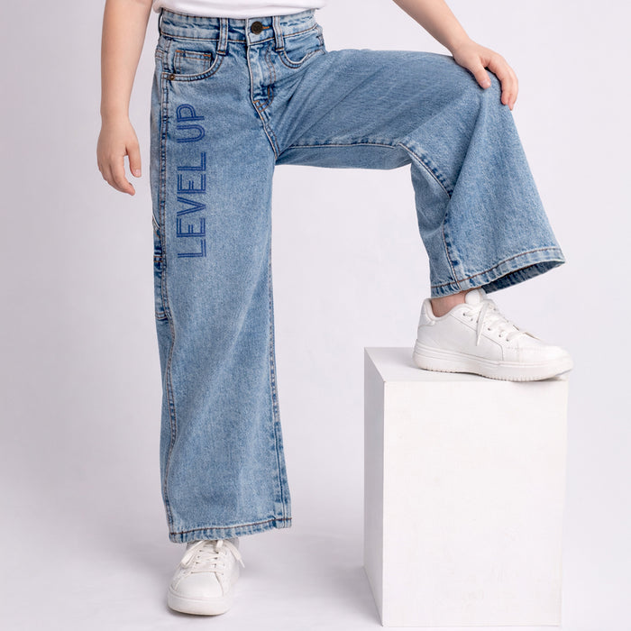 Kids Girls Denim Light Blue Wide Leg Cargo Jeans with Soft Feel & Utility Pockets