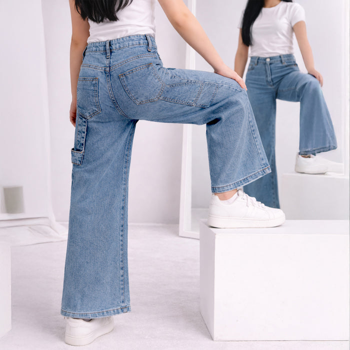 Kids Girls Denim Light Blue Wide Leg Cargo Jeans with Soft Feel & Utility Pockets