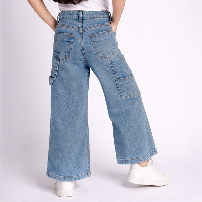 Kids Girls Denim Light Blue Wide Leg Cargo Jeans with Soft Feel & Utility Pockets