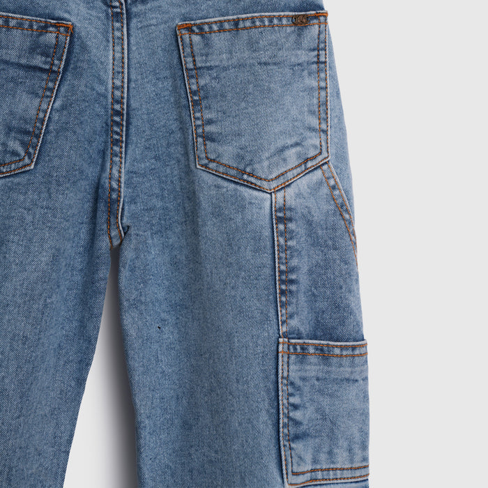 Kids Girls Denim Light Blue Wide Leg Cargo Jeans with Soft Feel & Utility Pockets