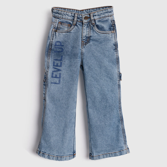 Kids Girls Denim Light Blue Wide Leg Cargo Jeans with Soft Feel & Utility Pockets