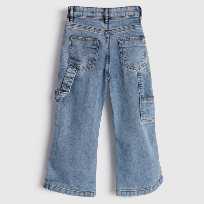 Kids Girls Denim Light Blue Wide Leg Cargo Jeans with Soft Feel & Utility Pockets