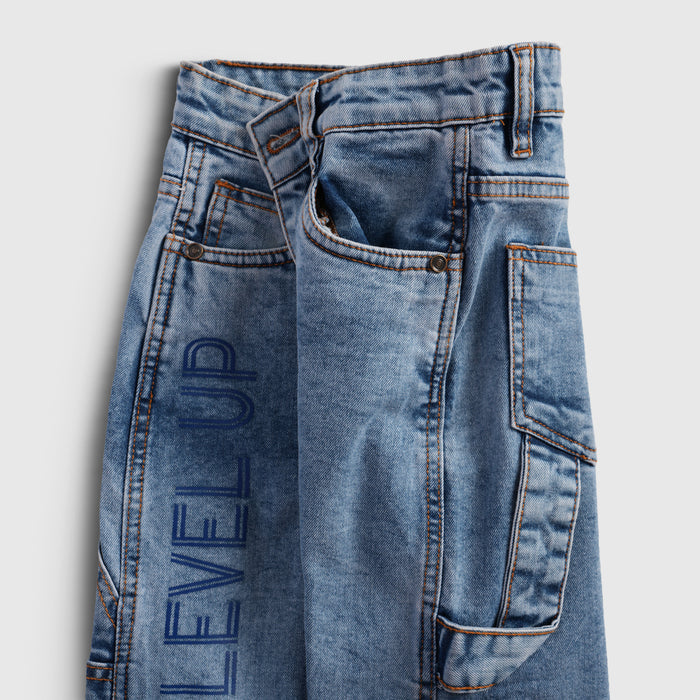 Kids Girls Denim Light Blue Wide Leg Cargo Jeans with Soft Feel & Utility Pockets