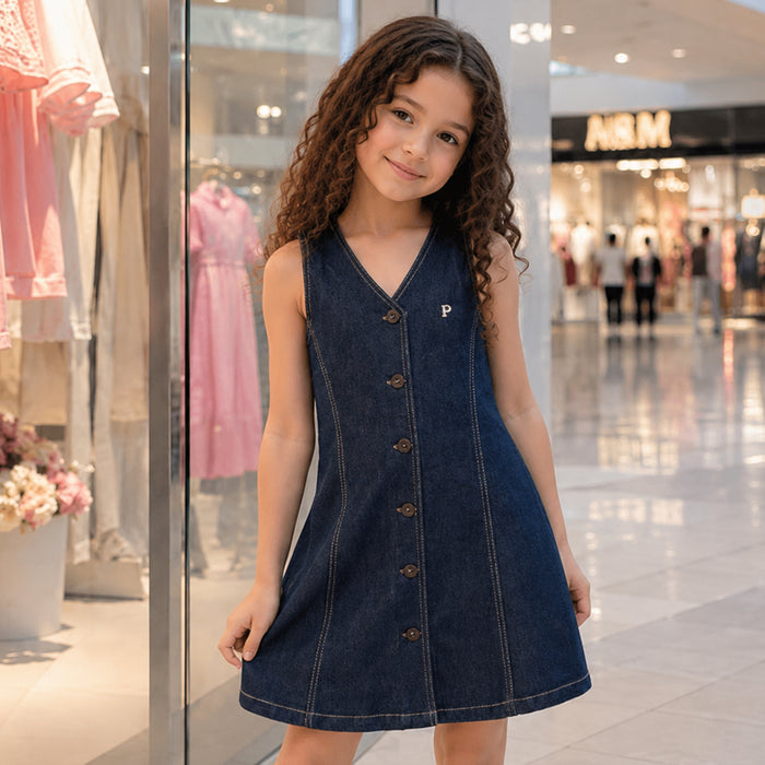Kids Girls Dress in Blue with Sleeveless Design, Button Front & Soft Denim Fabric