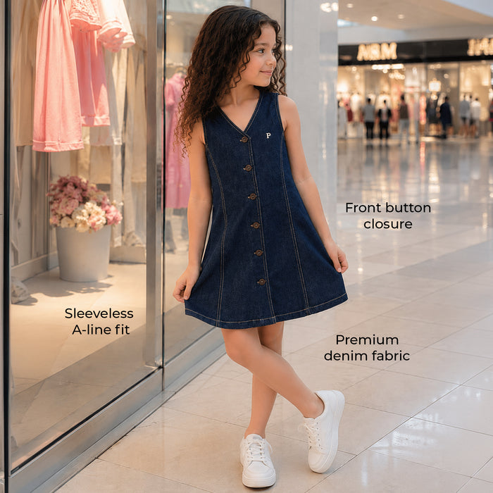 Kids Girls Dress in Blue with Sleeveless Design, Button Front & Soft Denim Fabric