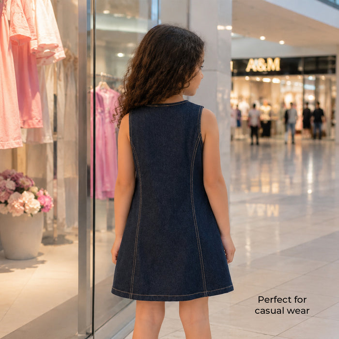 Kids Girls Dress in Blue with Sleeveless Design, Button Front & Soft Denim Fabric