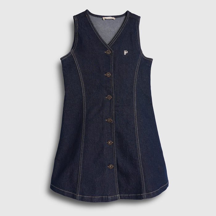Kids Girls Dress in Blue with Sleeveless Design, Button Front & Soft Denim Fabric