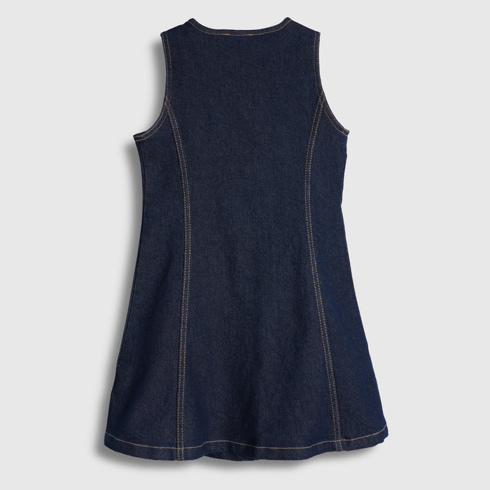 Kids Girls Dress in Blue with Sleeveless Design, Button Front & Soft Denim Fabric