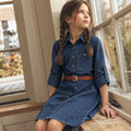 Kids Girls Dress in Dark Blue Denim with Ditsy Print, Shirt Collar, Belt & Soft Fabric
