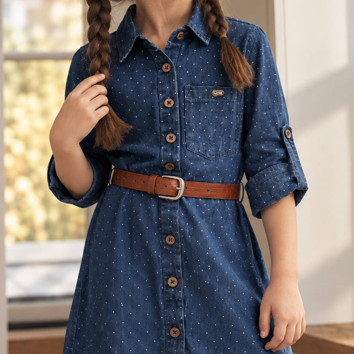 Kids Girls Dress in Dark Blue Denim with Ditsy Print, Shirt Collar, Belt & Soft Fabric