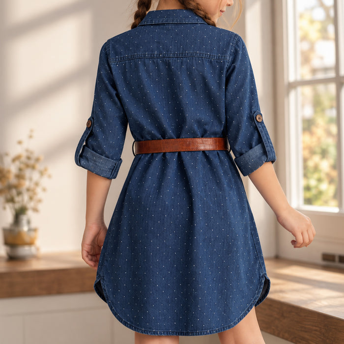 Kids Girls Dress in Dark Blue Denim with Ditsy Print, Shirt Collar, Belt & Soft Fabric