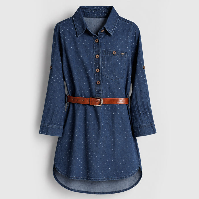 Kids Girls Dress in Dark Blue Denim with Ditsy Print, Shirt Collar, Belt & Soft Fabric