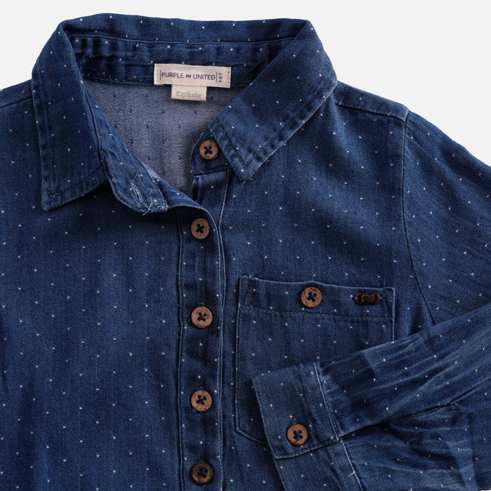 Kids Girls Dress in Dark Blue Denim with Ditsy Print, Shirt Collar, Belt & Soft Fabric