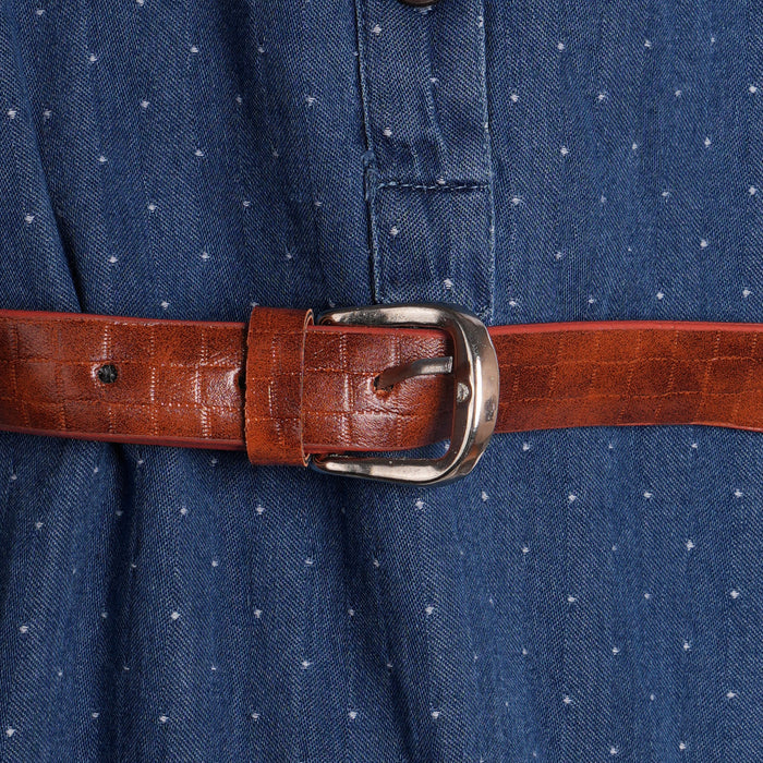 Kids Girls Dress in Dark Blue Denim with Ditsy Print, Shirt Collar, Belt & Soft Fabric