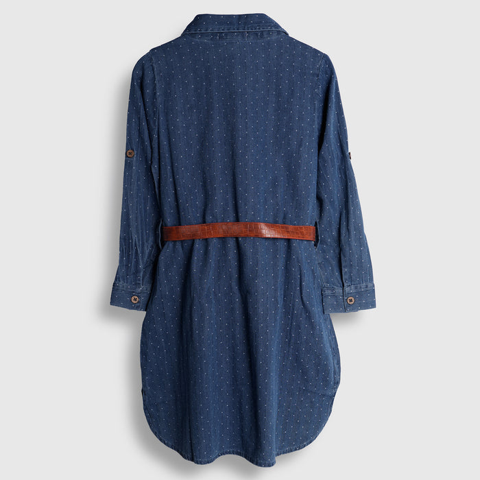 Kids Girls Dress in Dark Blue Denim with Ditsy Print, Shirt Collar, Belt & Soft Fabric