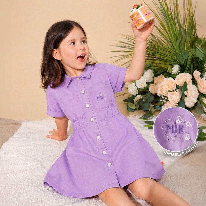Kids Girls Dress in Lavender Cotton with Button Down Design for Casual Summer Wear