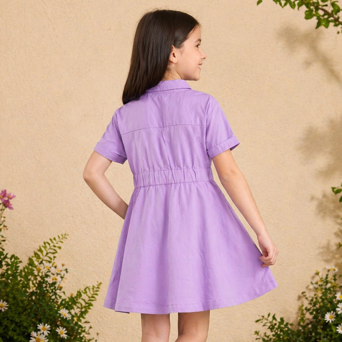 Kids Girls Dress in Lavender Cotton with Button Down Design for Casual Summer Wear