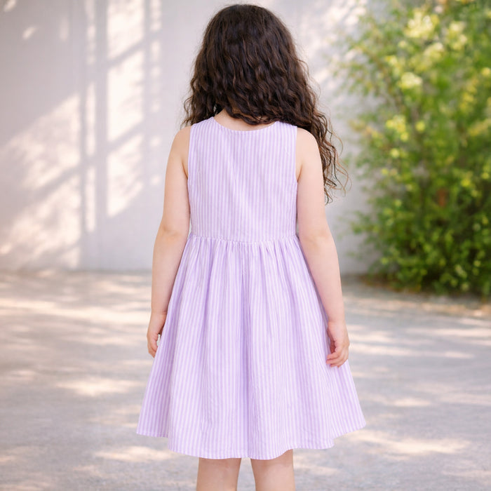Kids Girls Dress in Lavender Stripes with Sleeveless Cotton Design for Summer Comfort