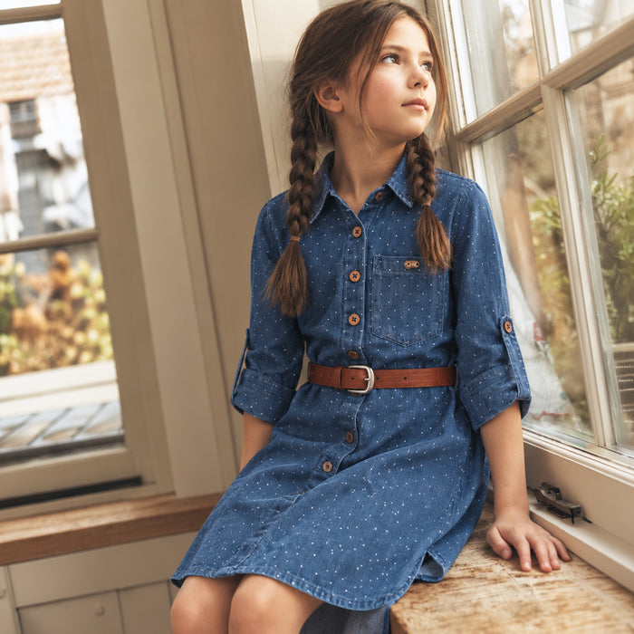 Kids Girls Dress in Light Blue Denim with Ditsy Print, Shirt Collar, Belt & Soft Fabric
