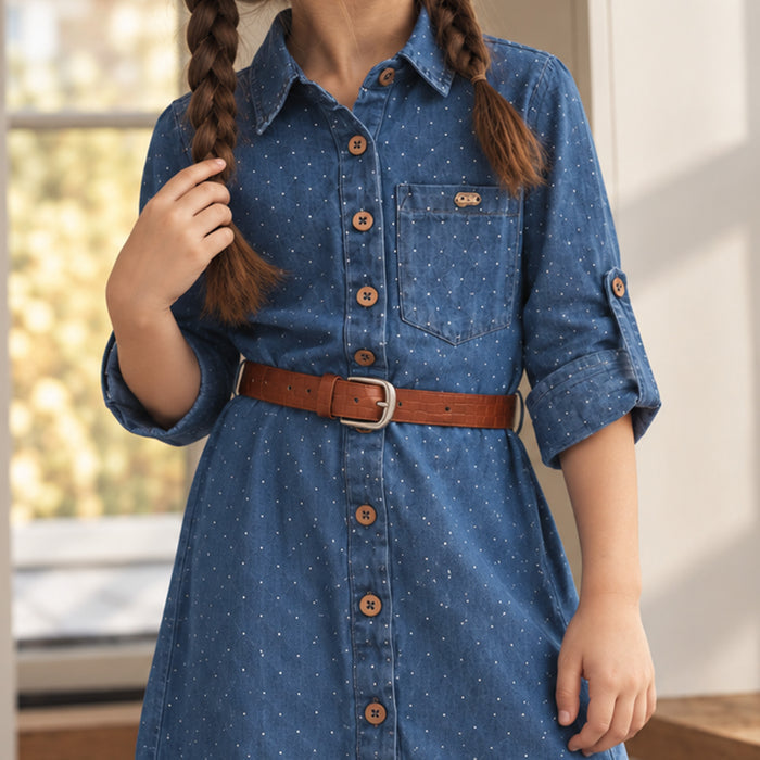 Kids Girls Dress in Light Blue Denim with Ditsy Print, Shirt Collar, Belt & Soft Fabric