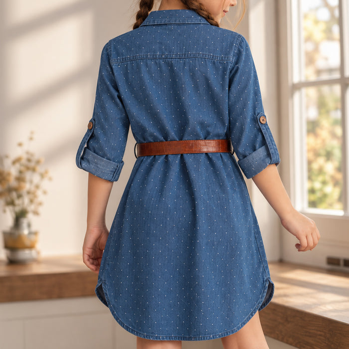 Kids Girls Dress in Light Blue Denim with Ditsy Print, Shirt Collar, Belt & Soft Fabric