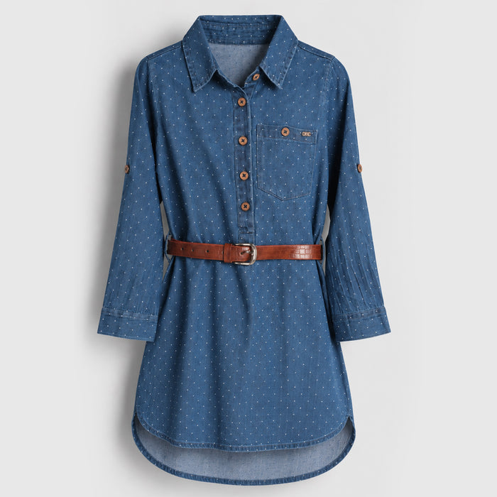 Kids Girls Dress in Light Blue Denim with Ditsy Print, Shirt Collar, Belt & Soft Fabric