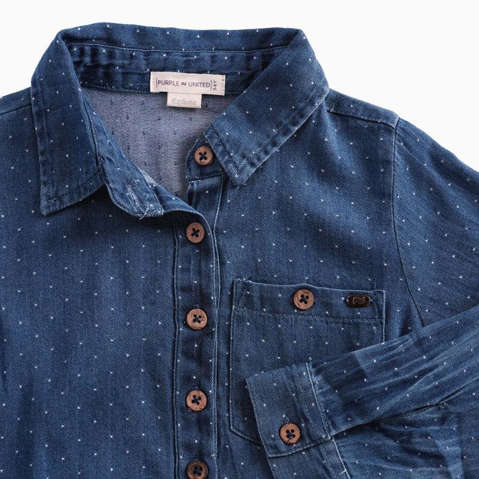 Kids Girls Dress in Light Blue Denim with Ditsy Print, Shirt Collar, Belt & Soft Fabric