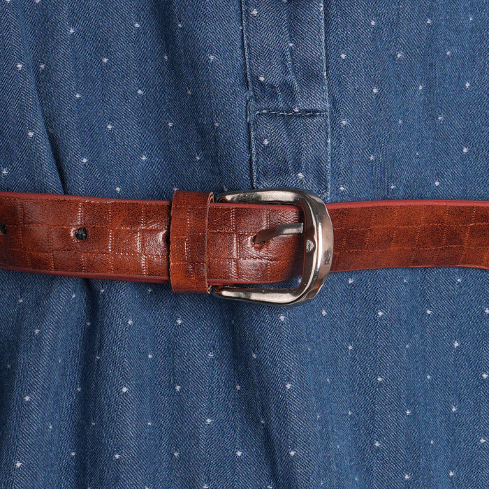 Kids Girls Dress in Light Blue Denim with Ditsy Print, Shirt Collar, Belt & Soft Fabric