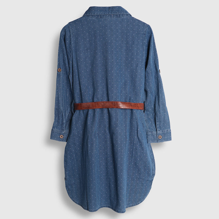 Kids Girls Dress in Light Blue Denim with Ditsy Print, Shirt Collar, Belt & Soft Fabric