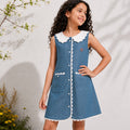 Kids Girls Dress in Light Blue with Peter Pan Lace Collar, Comfort Denim Fabric & Waist Belt