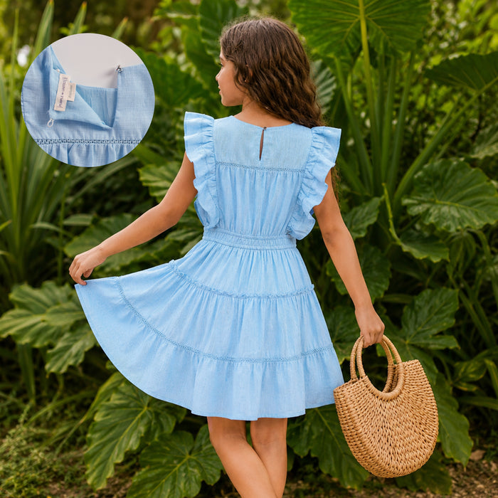 Kids Girls Dress in Light Blue with Ruffle Sleeves, Smocked Comfort Waist & Tiered Design