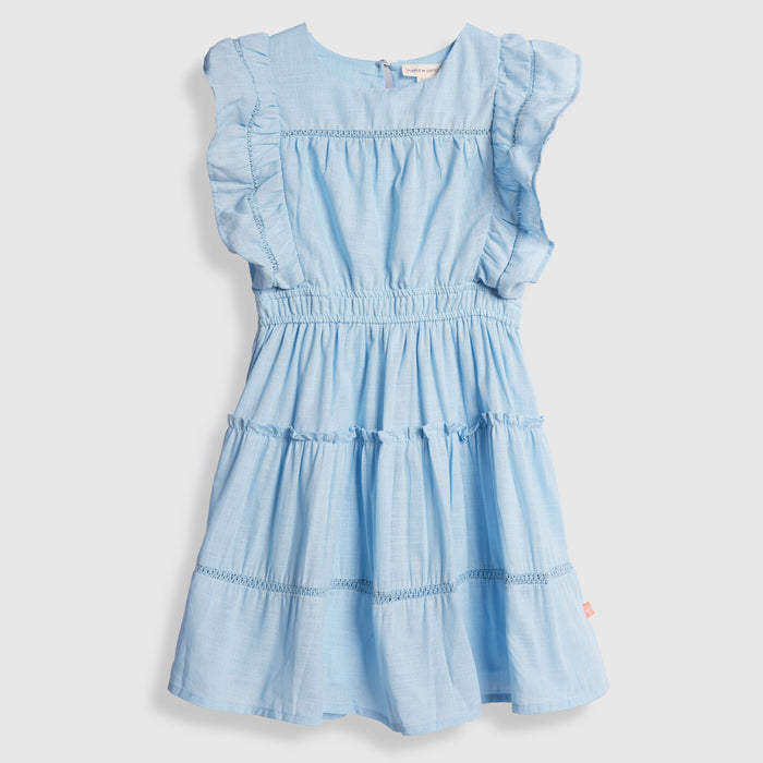 Kids Girls Dress in Light Blue with Ruffle Sleeves, Smocked Comfort Waist & Tiered Design