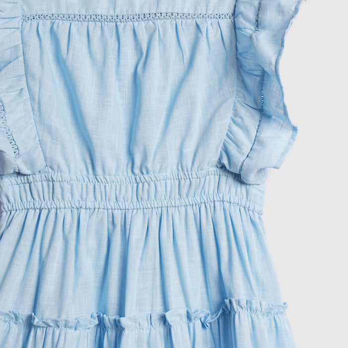 Kids Girls Dress in Light Blue with Ruffle Sleeves, Smocked Comfort Waist & Tiered Design