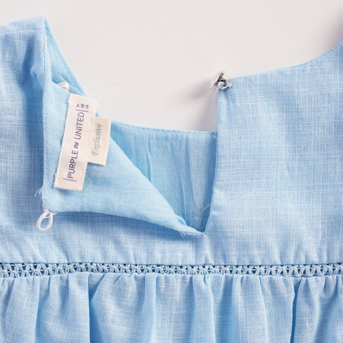 Kids Girls Dress in Light Blue with Ruffle Sleeves, Smocked Comfort Waist & Tiered Design