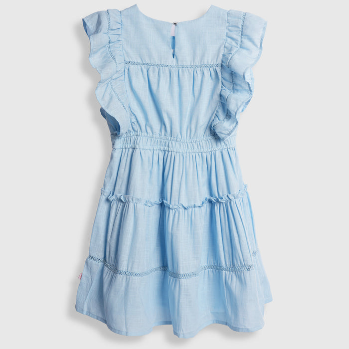 Kids Girls Dress in Light Blue with Ruffle Sleeves, Smocked Comfort Waist & Tiered Design