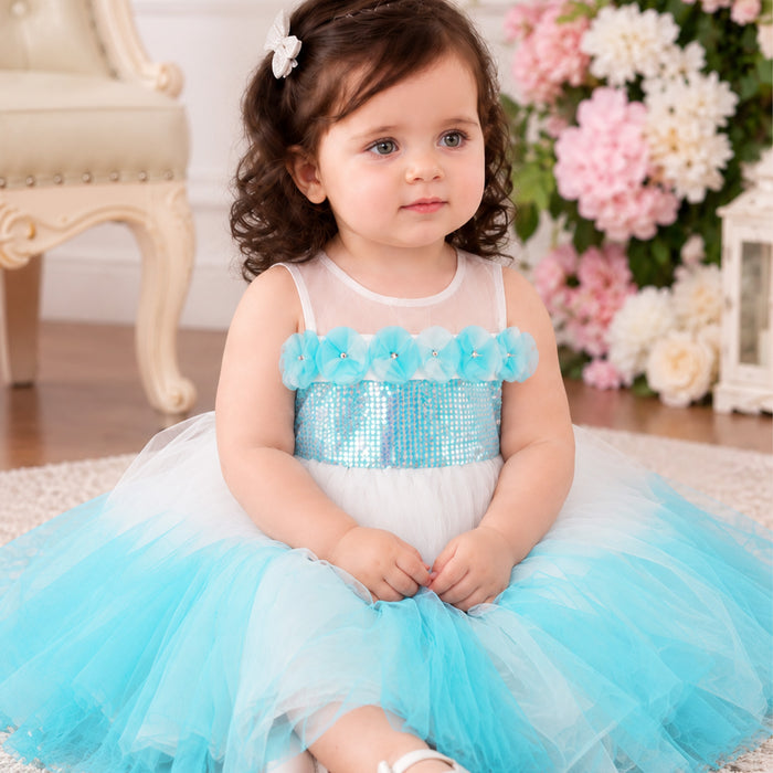 Kids Girls Dress in Light Blue with Sequin Bodice, Floral Trim & Tulle Skirt for Birthday Parties