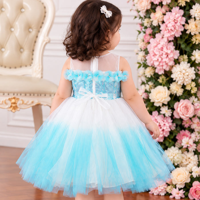 Kids Girls Dress in Light Blue with Sequin Bodice, Floral Trim & Tulle Skirt for Birthday Parties