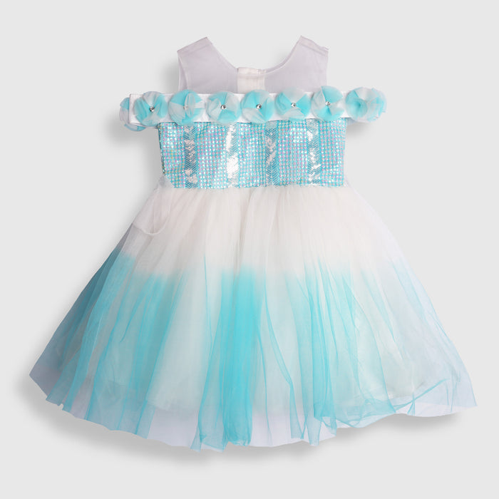 Kids Girls Dress in Light Blue with Sequin Bodice, Floral Trim & Tulle Skirt for Birthday Parties