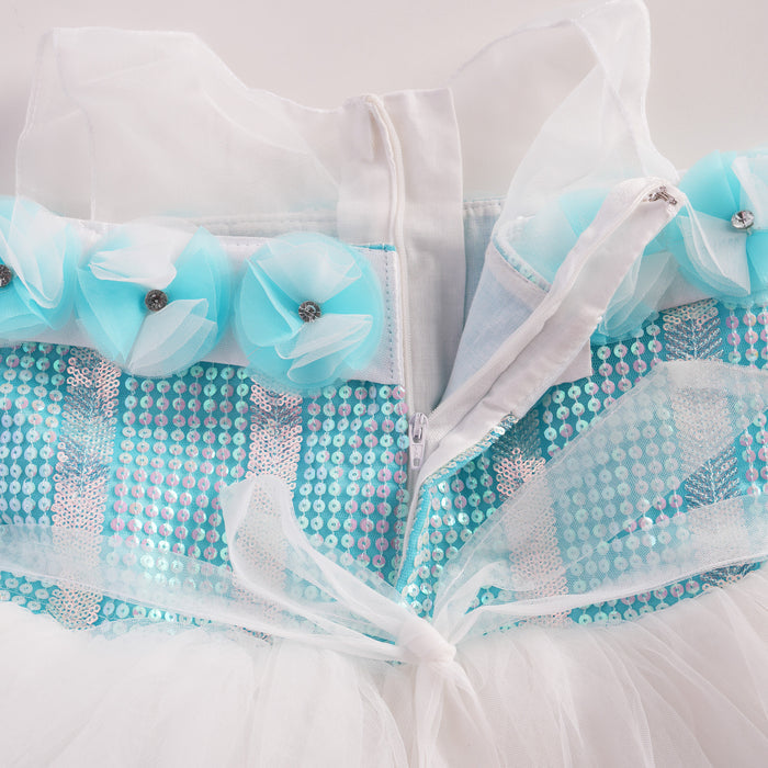Kids Girls Dress in Light Blue with Sequin Bodice, Floral Trim & Tulle Skirt for Birthday Parties