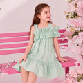 Kids Girls Dress in Light Green with Layered Frill Neckline and Flared Fit for Summer Comfort