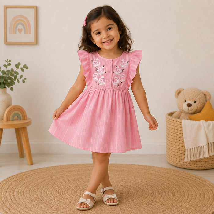 Kids Girls Dress in Light Pink with Floral Embroidery & Ruffle Sleeves for Comfort Wear