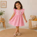 Kids Girls Dress in Light Pink with Floral Embroidery & Ruffle Sleeves for Comfort Wear