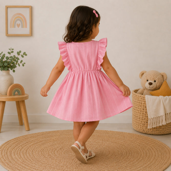 Kids Girls Dress in Light Pink with Floral Embroidery & Ruffle Sleeves for Comfort Wear